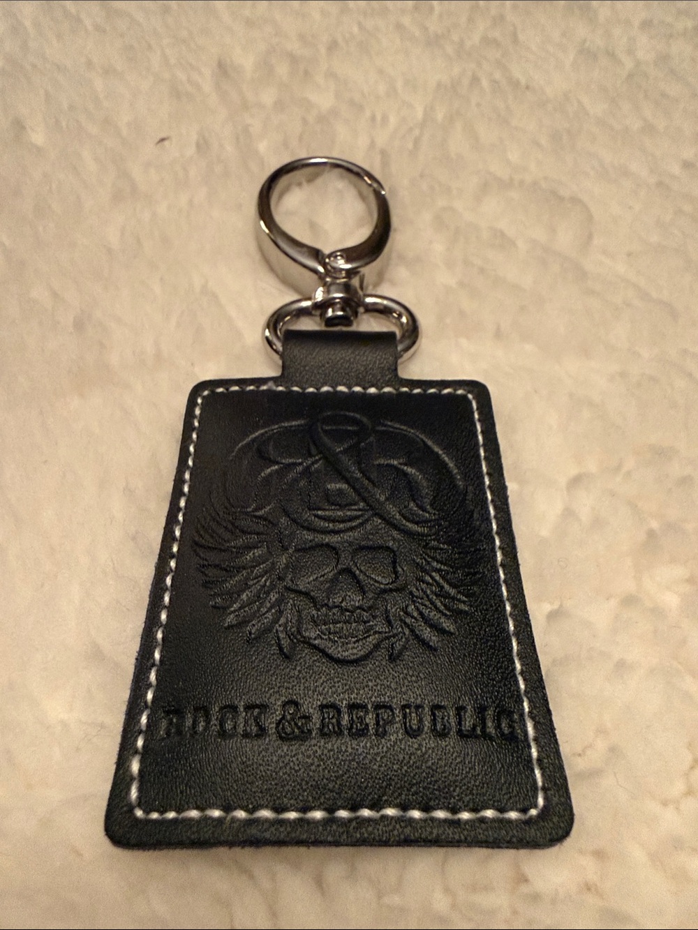 Rock & Republic Black Leather Key Ring Chain Fob with Embossed Skull Motif